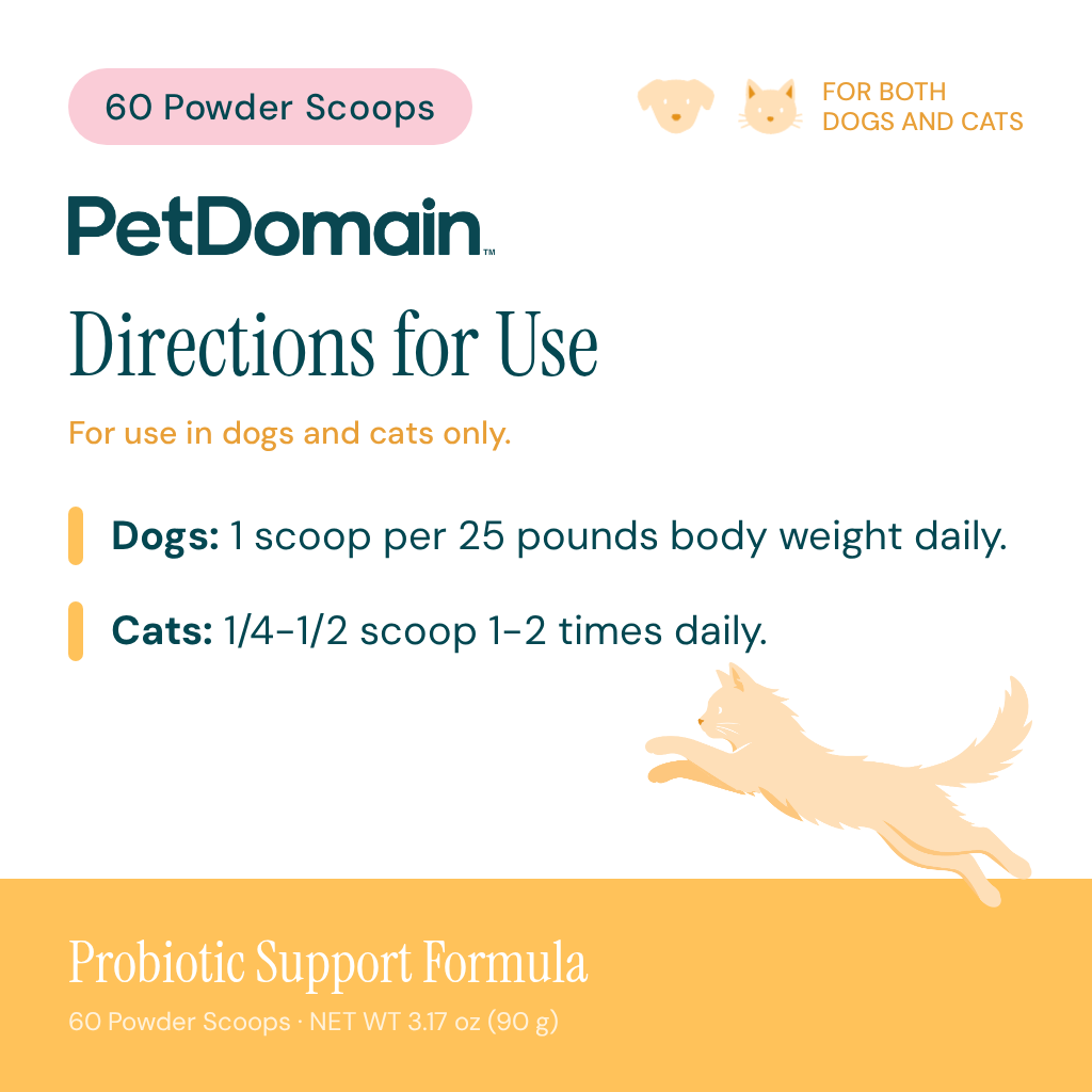 Directions for PetDomain Probiotic Support Formula: dogs 1 scoop per 25 pounds body weight daily; cats 1/4 to 1/2 scoop 1 to 2 times daily