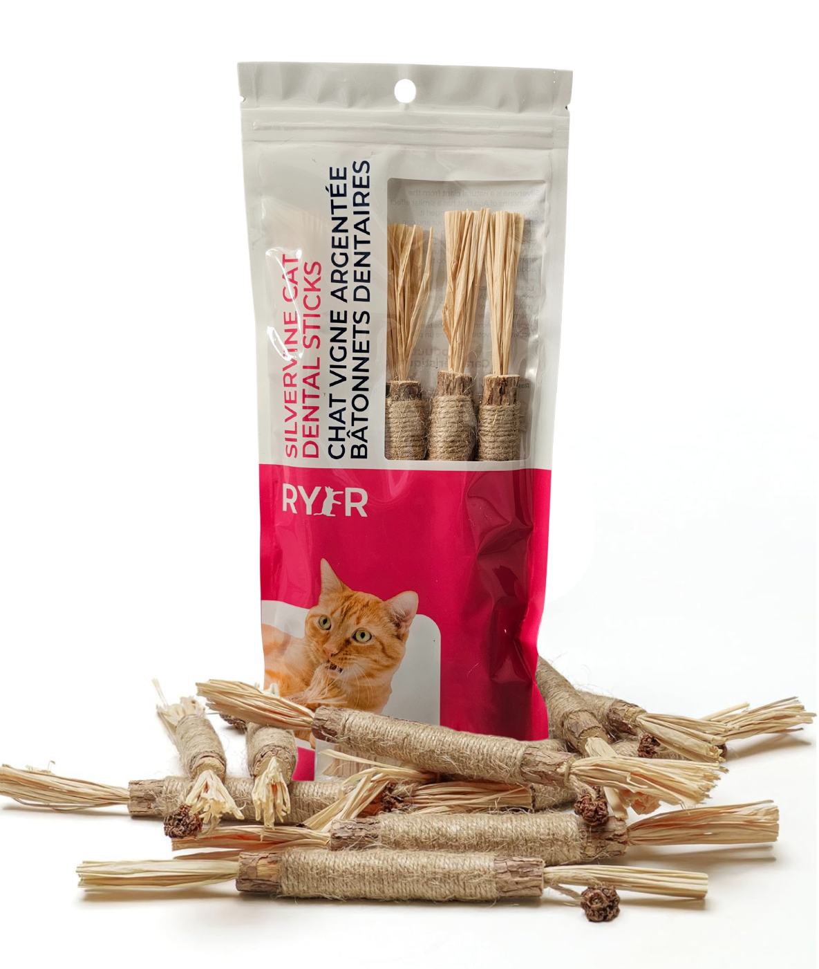 Package of RYR cat dental sticks with visible cat on packaging on a white background