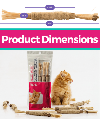 Cat toy with dimensions and packaging, featuring a cat.