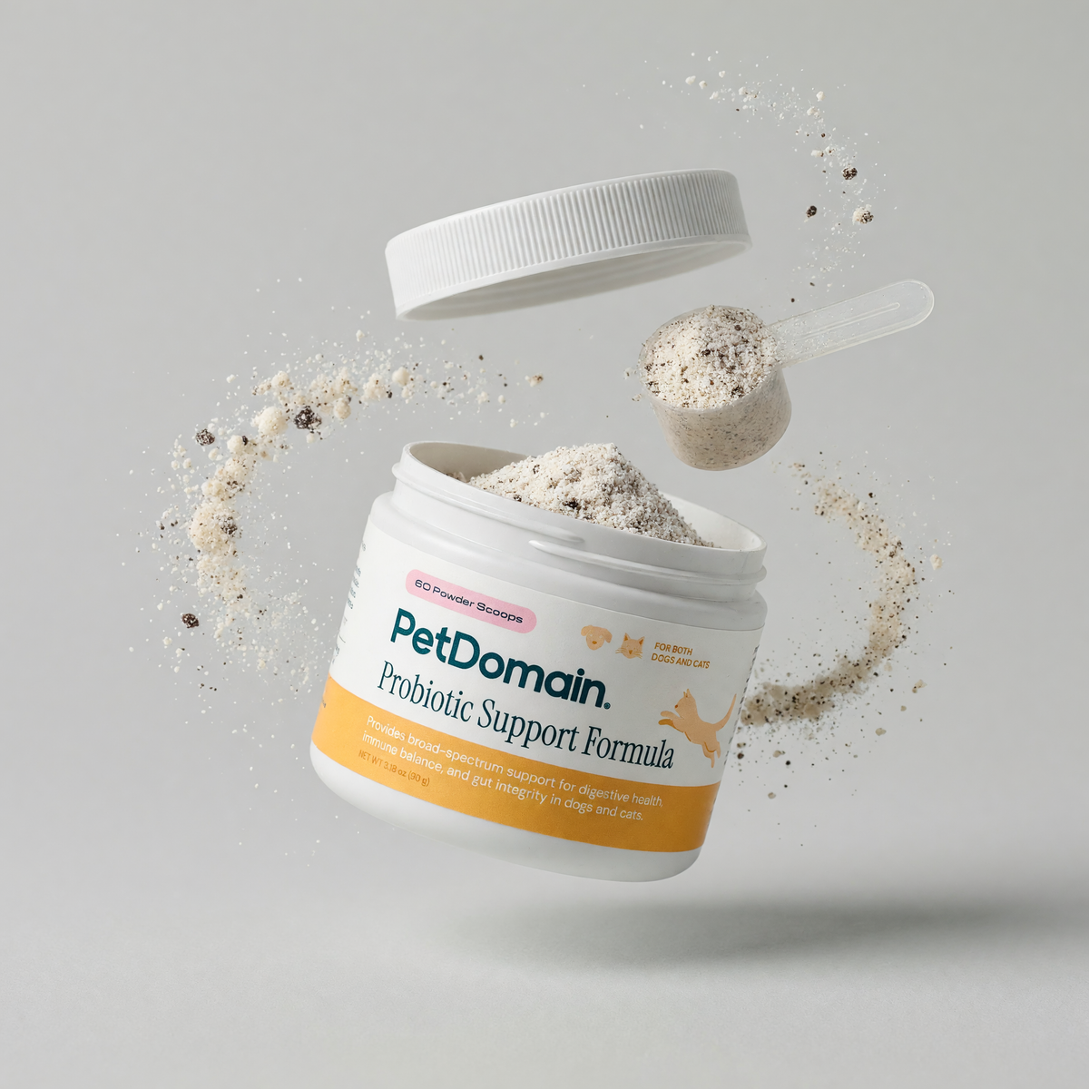 PetDomain Probiotic Support Formula powder swirling around an open jar with lid and scoop in mid-air