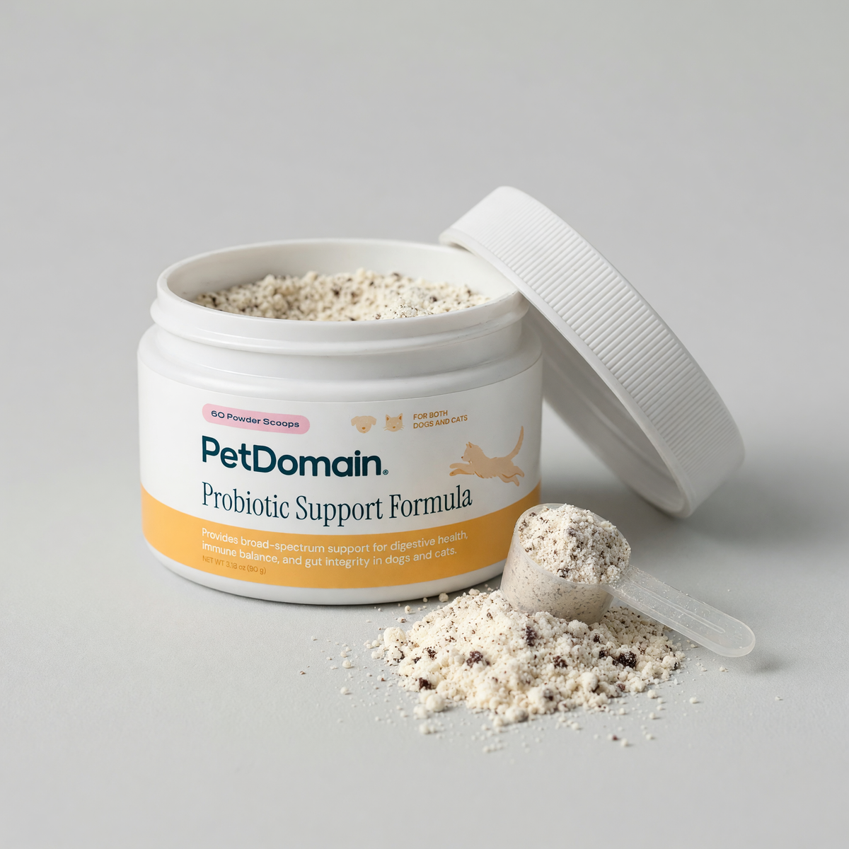 Open jar of PetDomain Probiotic Support Formula powder with measuring scoop