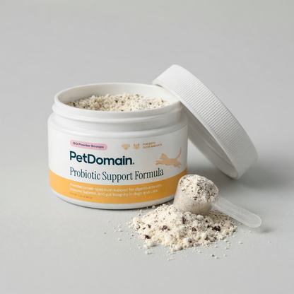 Open jar of PetDomain Probiotic Support Formula powder with measuring scoop