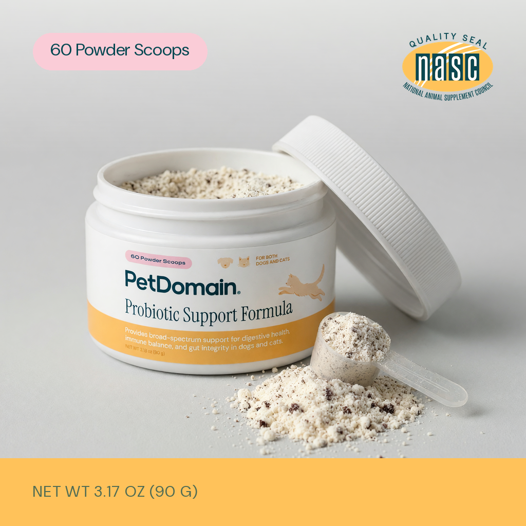 PetDomain Probiotic Support Formula jar and scoop with NASC quality seal, net weight 3.17 oz (90 g)