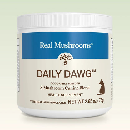 Daily Dawg 8 mushroom powder blend for dogs in white jar with real mushrooms label
