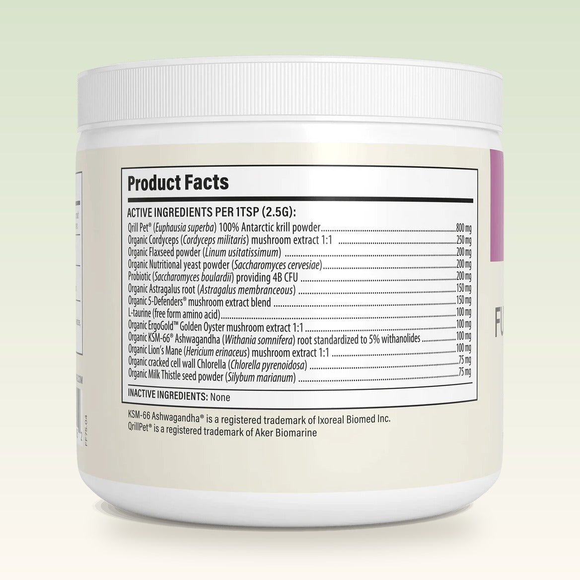 A white plastic supplement tub shown from the back, displaying a detailed Product Facts label with black text on a light green gradient background.