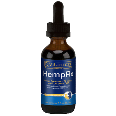 a bottle of hemprx for pets CBD oil with a dropper