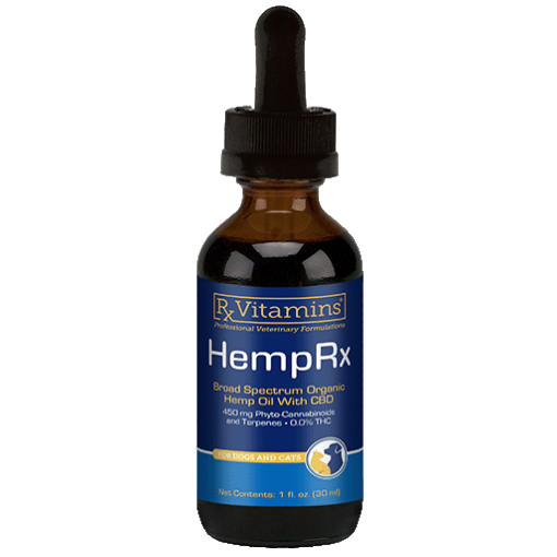 a bottle of hemprx for pets CBD oil with a dropper