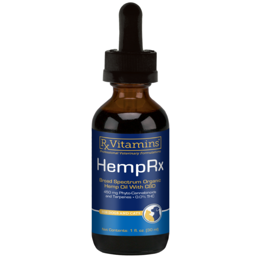 a bottle of hemprx for pets CBD oil with a dropper