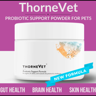 Jar of ThorneVet probiotic support powder for gut health, brain health, and skin health