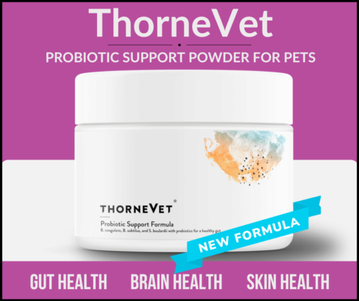 Jar of ThorneVet probiotic support powder for gut health, brain health, and skin health